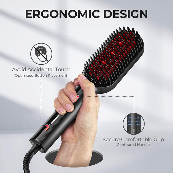 Hair Straightener Brush - Upgraded Ionic Plus Straightening Brush with Dense Bristles, 16 Temps, Dual Voltage | Heat Brush Straightener for Women | Flat Iron Comb for Thick Curly Hair