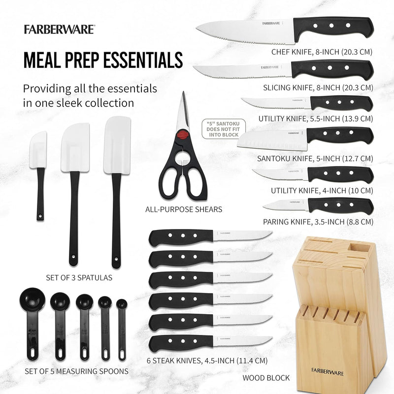 22-Piece Never Needs Sharpening Triple Rivet High-Carbon Stainless Steel Knife Block and Kitchen Tool Set, Black